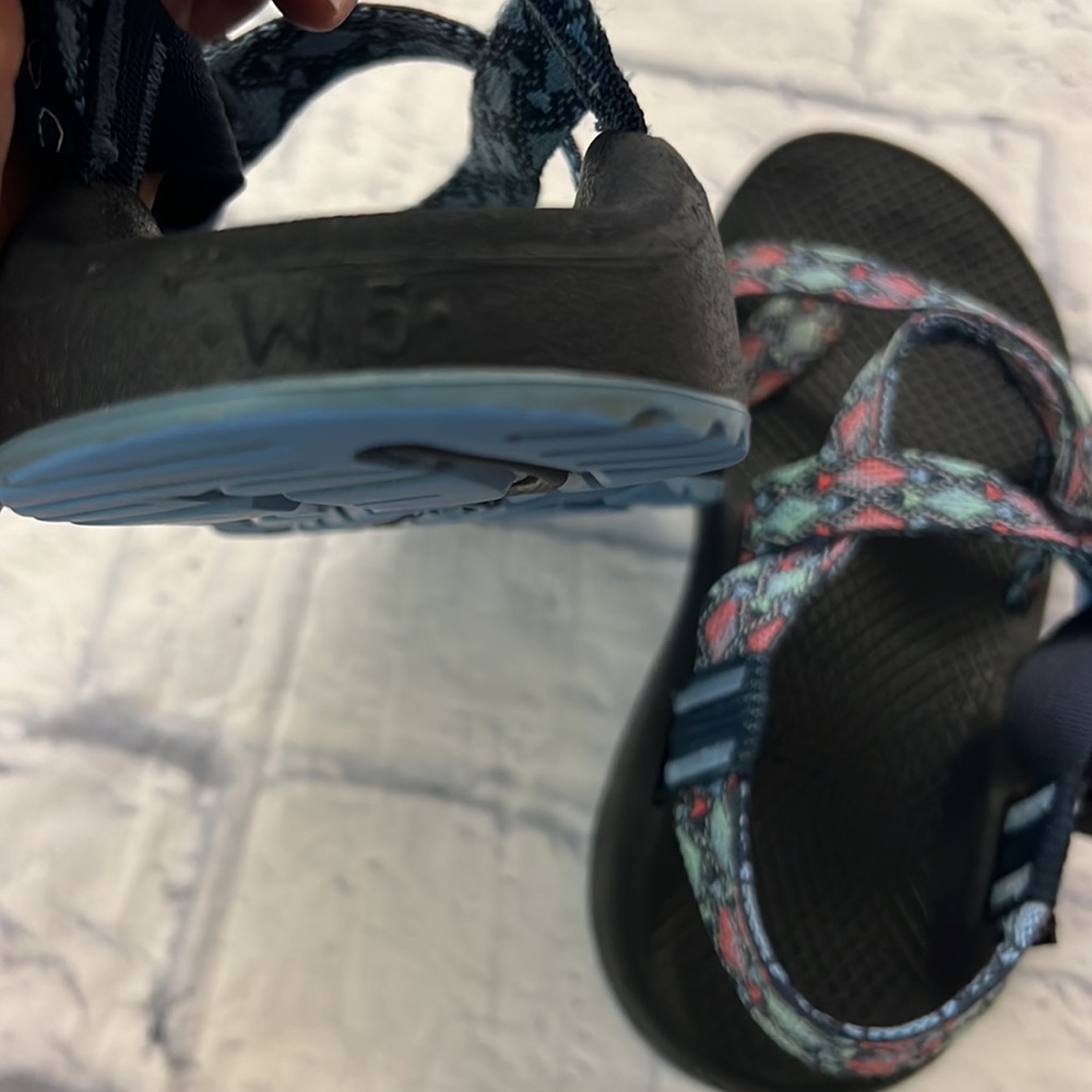 Chaco Women's Black Sandals with Teal and Coral Patterned Straps - Picture 7 of 7